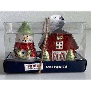 True North Christmas Salt Pepper Shakers Snowman & Barn Farmhouse Winter NWT